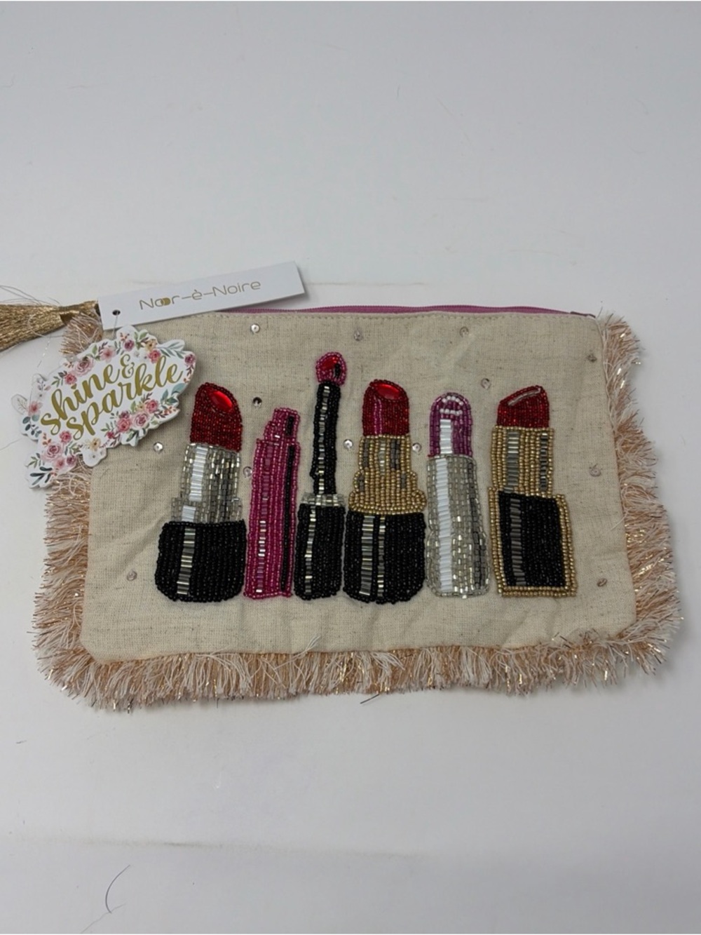 Noor-e-Noire Beaded Lipstick Cosmetic Clutch - Pink/Beige